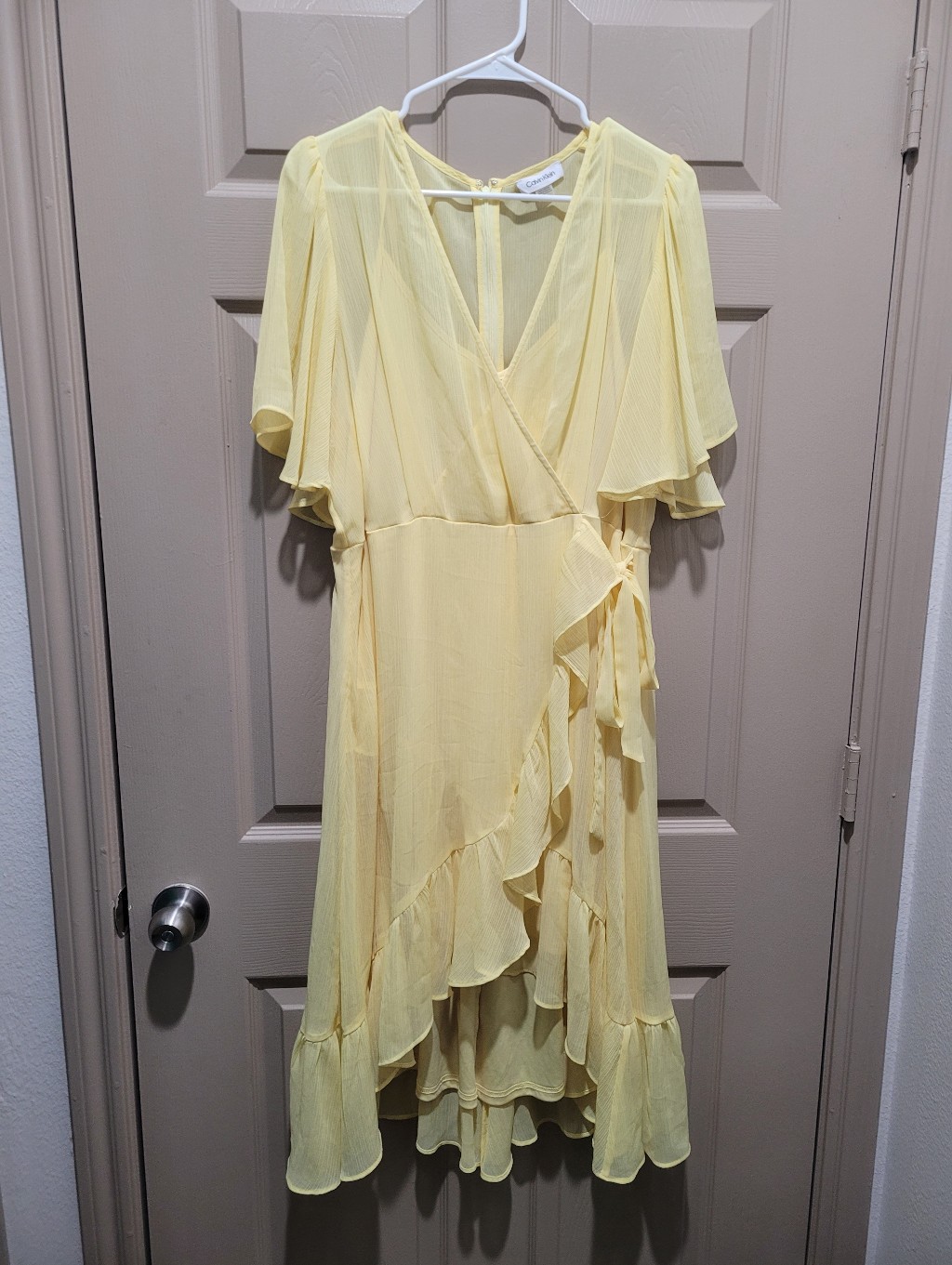 Calvin Klein Light Yellow Wrap Ruffle Dress